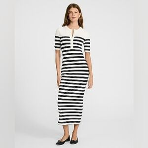 Ribbed Striped Crew Neck Henley Elbow Sleeve Midi Dress